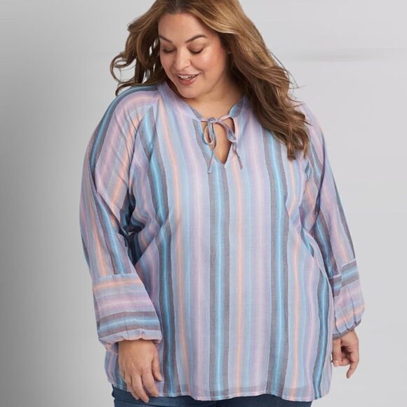 Lane Bryant Pastel Multi Striped Tie-neck Cotton Peasant Blouse Size 14 - Picture 1 of 10